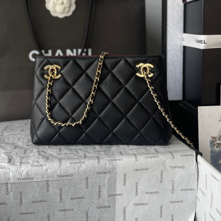 Chanel 2026 Small Shopping Tote Bag Black 24.5cm Black Lambskin 348256