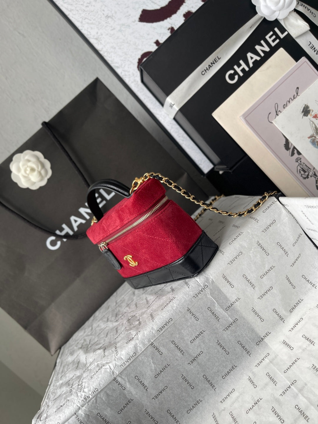 Chanel 2026 Vanity Bag 19.5cm Red mix Black Suede Leather