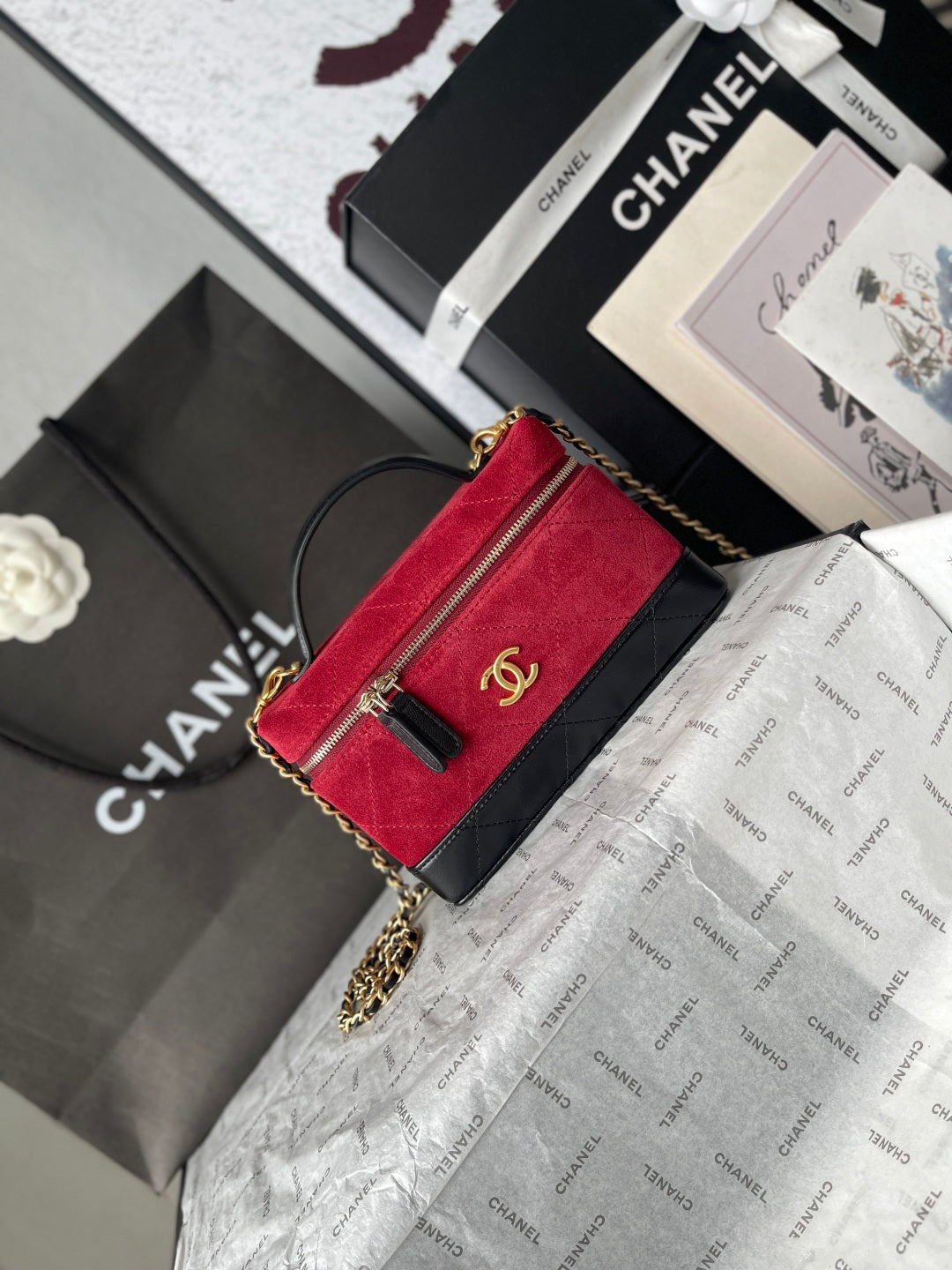 Chanel 2026 Vanity Bag 19.5cm Red mix Black Suede Leather