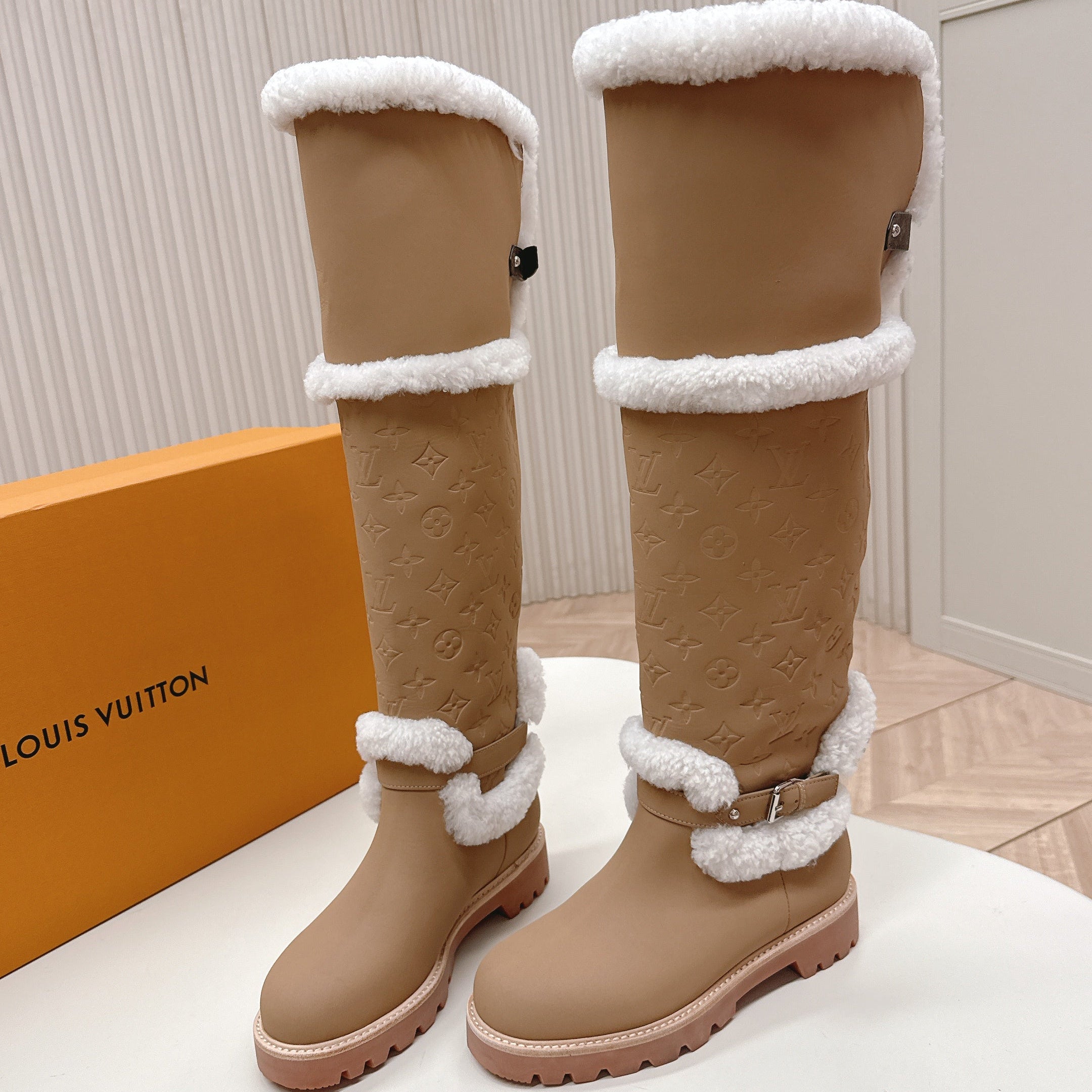 LV 2026 Territory Flat Thigh Boot Beige White Nubuck Calf Leather 595434