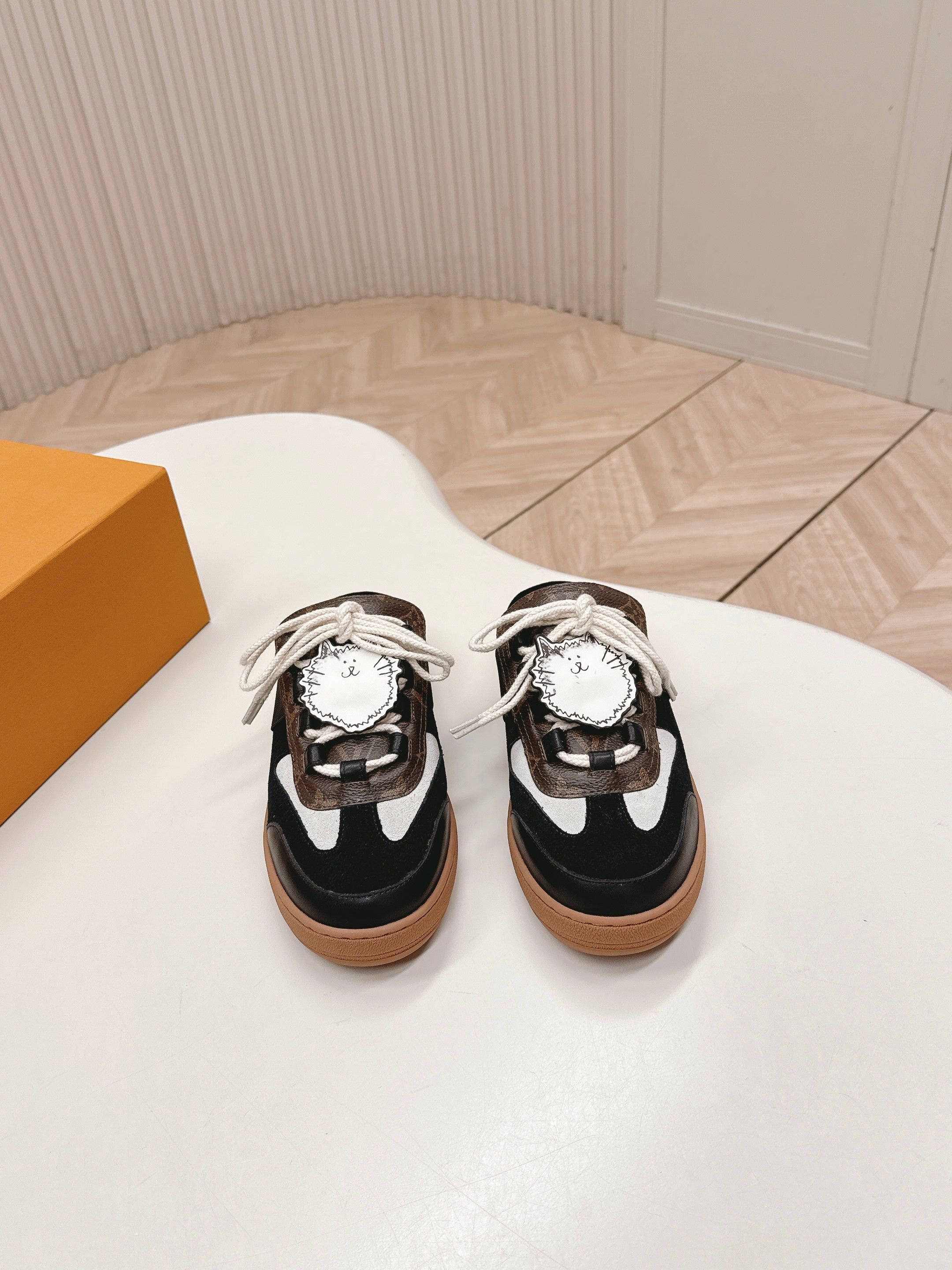 LV 2026 Lous Open Back Sneaker Black Brown Suede Canvas Leather 595415