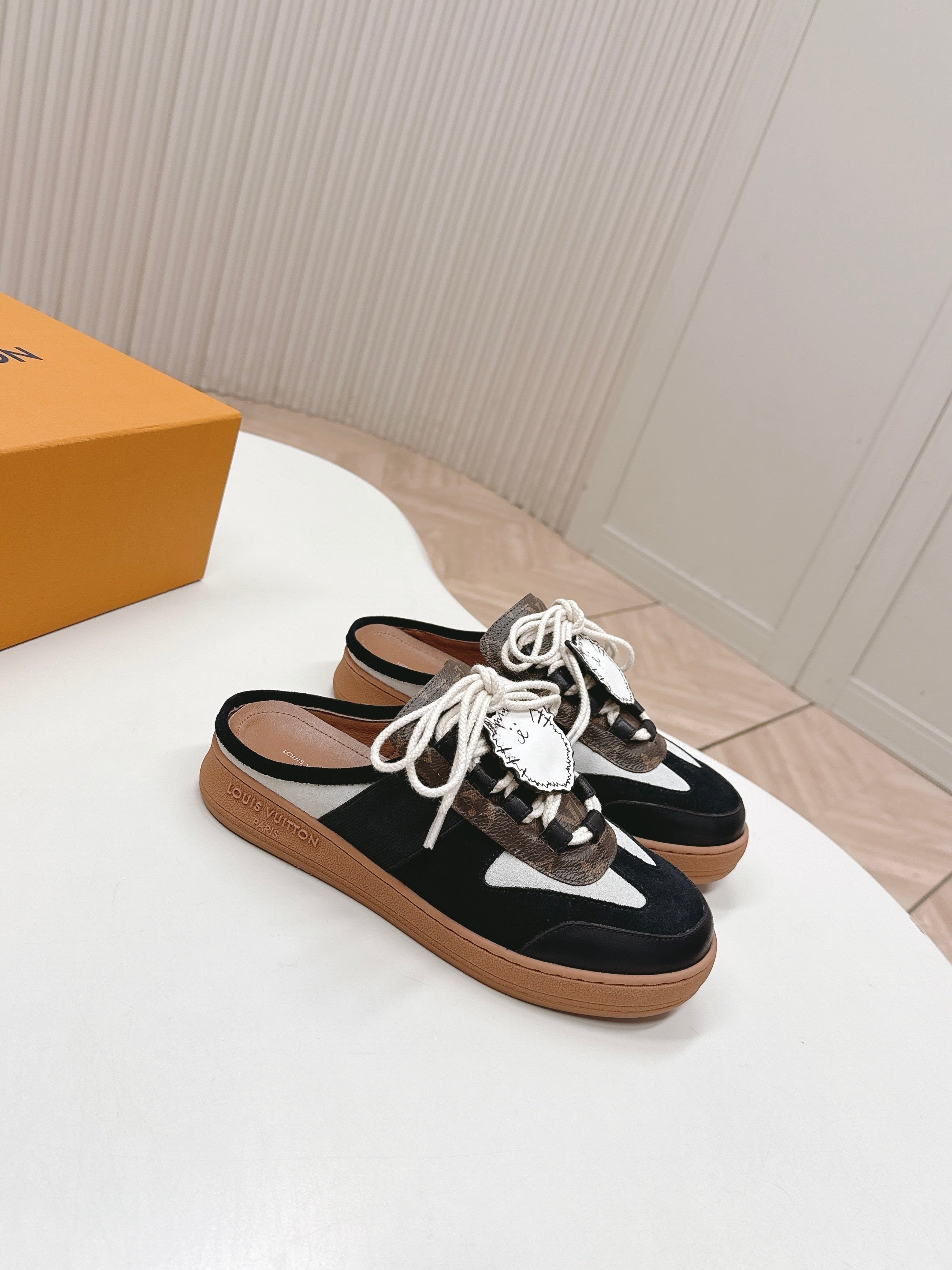 LV 2026 Lous Open Back Sneaker Black Brown Suede Canvas Leather 595415