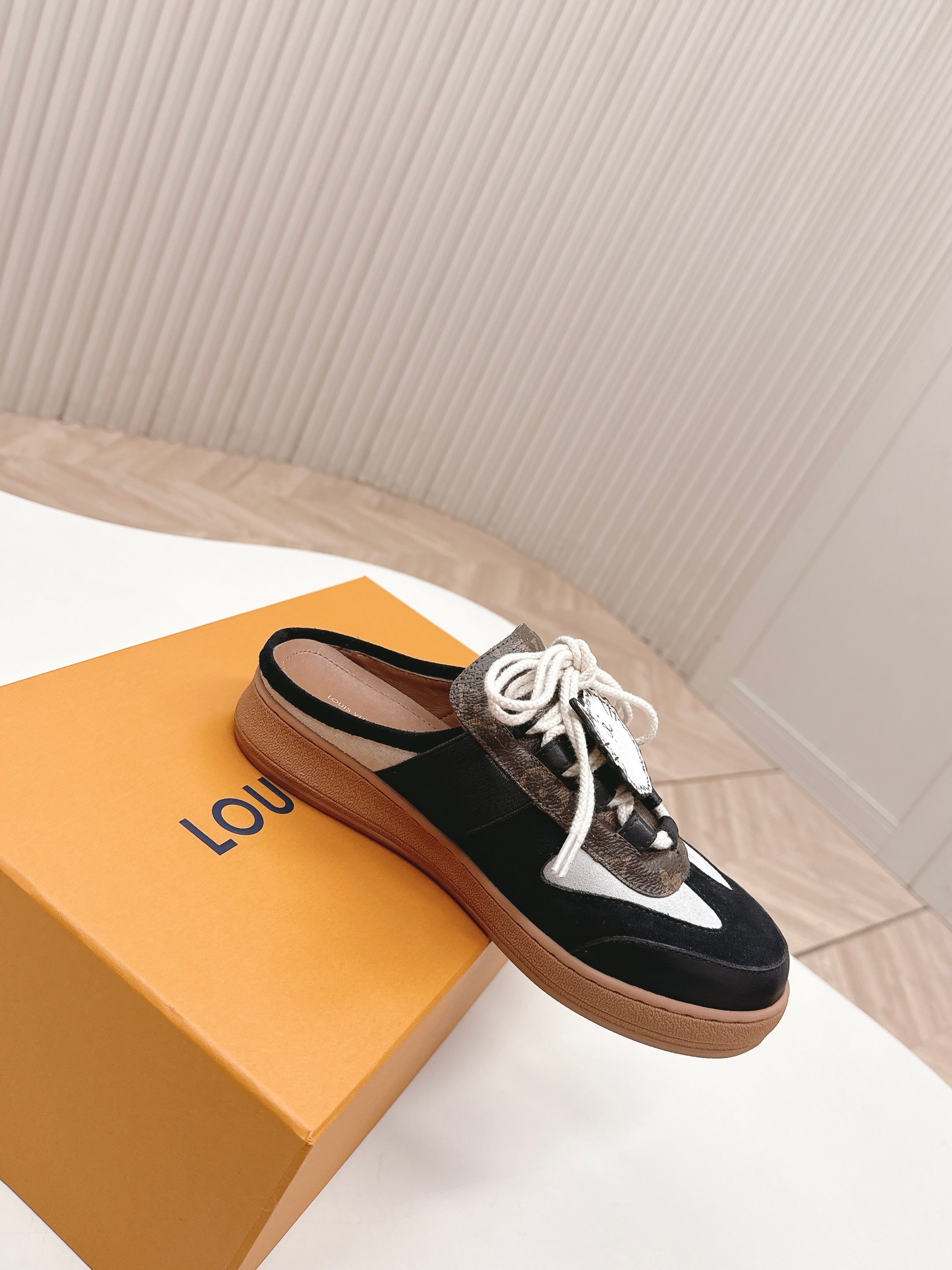 LV 2026 Lous Open Back Sneaker Black Brown Suede Canvas Leather 595415