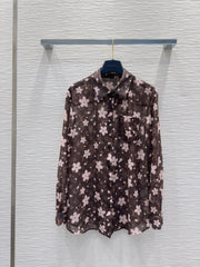 LV 25 Slightly Transparent Flower Shirt Brown Polyester