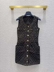 LV 25 Classic Logo Denim Vest Dress Black Cotton