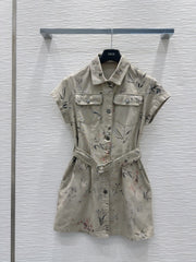 CD 25 Ink And Floral Dress Beige Cotton