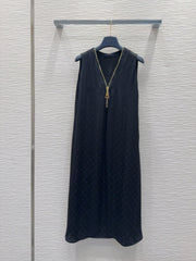 LV 25 Custom Zipper Collar Dress Black White Viscose Rayon