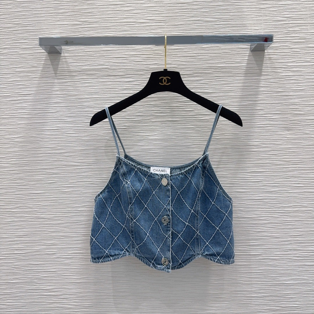 Chanel 2026 Denim Crop Top Blue and White Cotton 731802