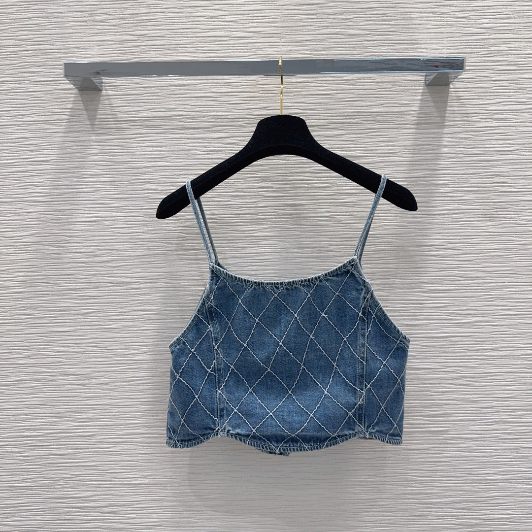 Chanel 2026 Denim Crop Top Blue and White Cotton 731802