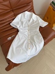 Celine 25 Arc de Triomphe Small Gold Button Pleated Dress White Cotton