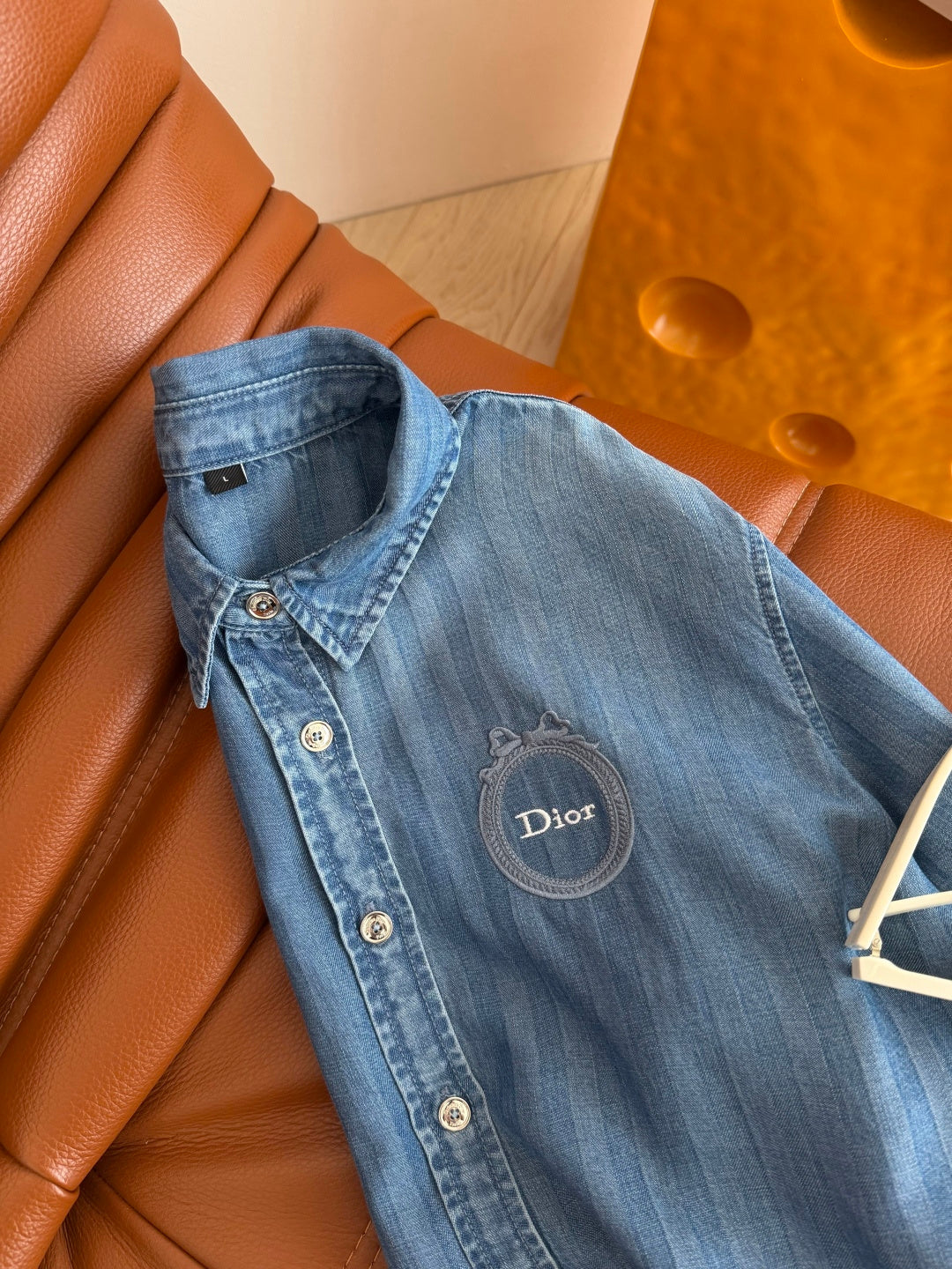 Dior 2026 Embroidered Badge Pattern Denim Shirt Blue Cotton 400837