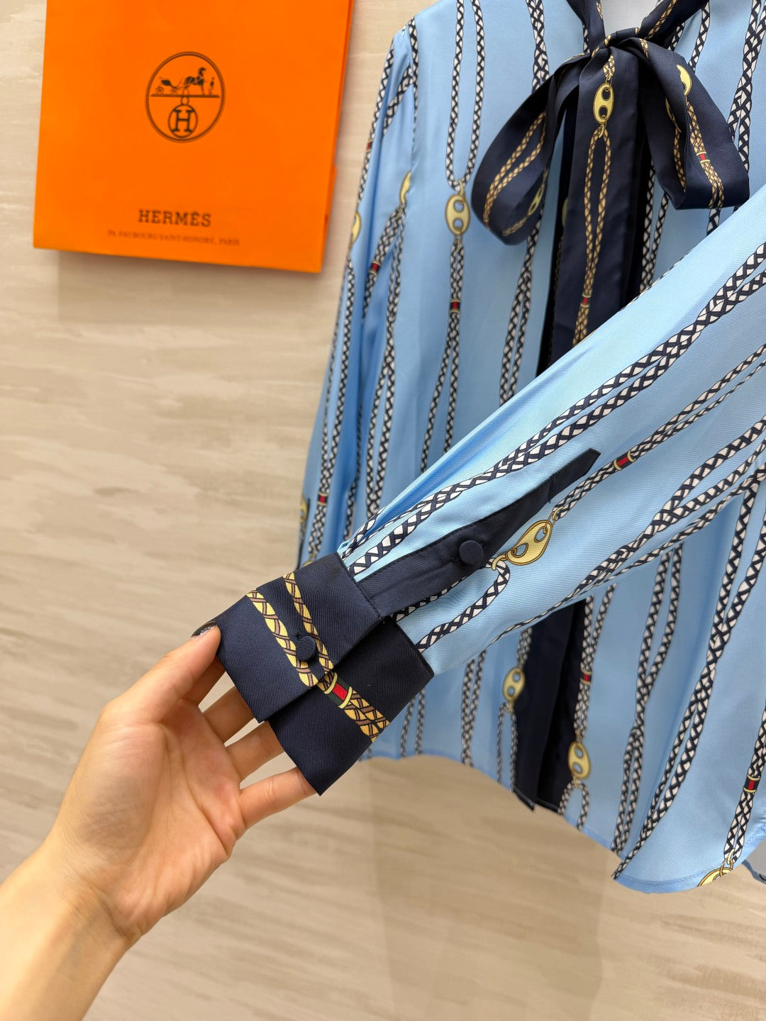 Hermes 2026 Chain Print Ribbon Shirt Blue Silk 408796