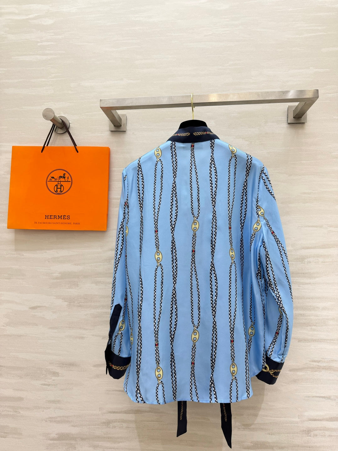 Hermes 2026 Chain Print Ribbon Shirt Blue Silk 408796