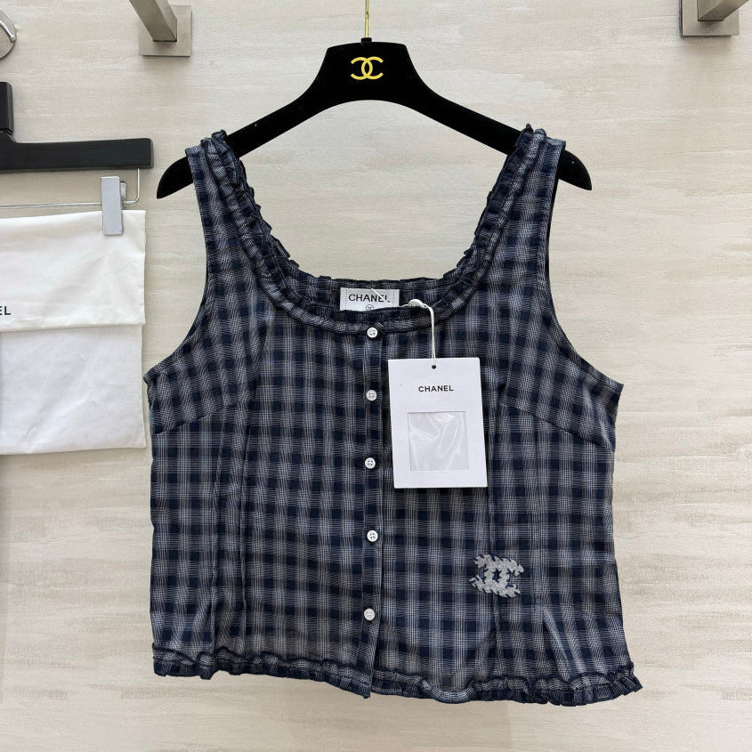 Chanel 2026 Checkered Ruffled Camisole Navy Blue Cotton