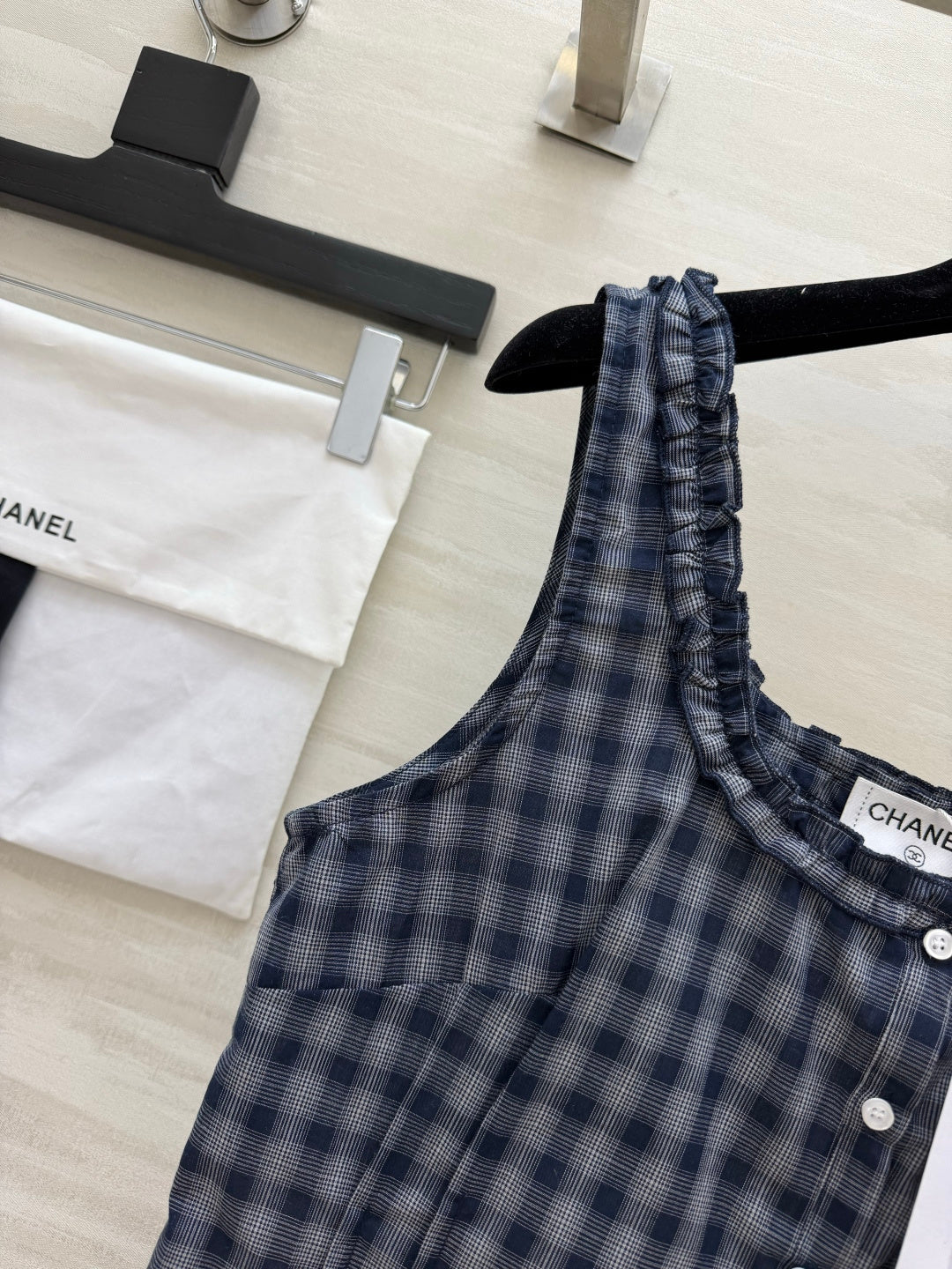 Chanel 2026 Checkered Ruffled Camisole Navy Blue Cotton