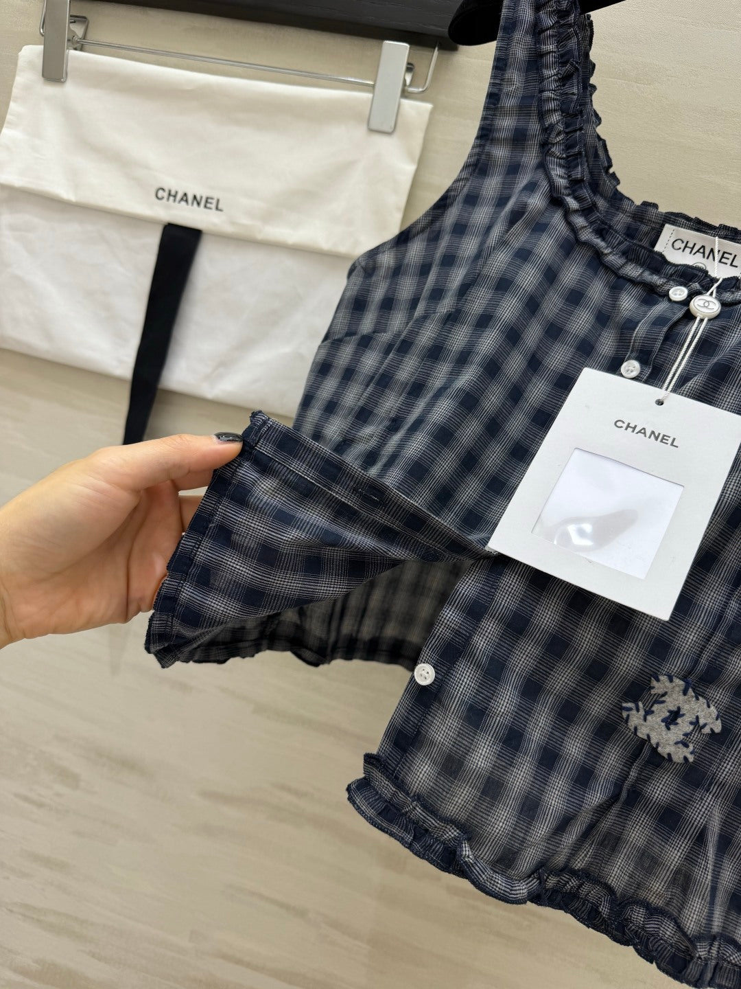 Chanel 2026 Checkered Ruffled Camisole Navy Blue Cotton