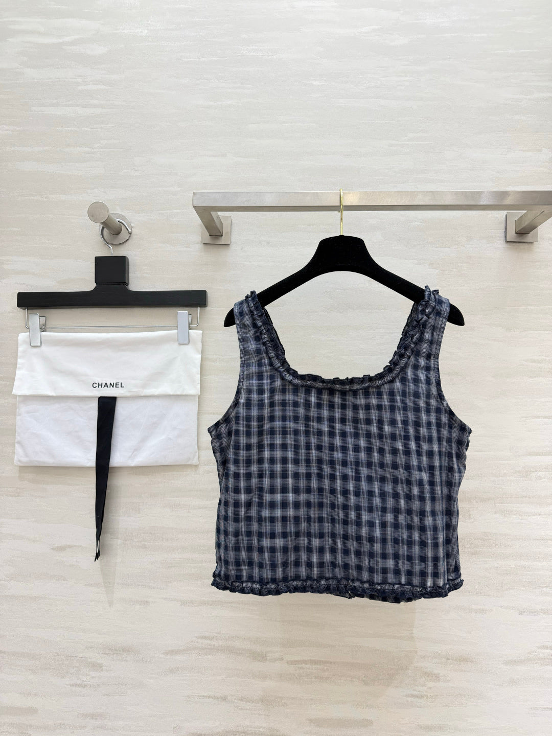 Chanel 2026 Checkered Ruffled Camisole Navy Blue Cotton