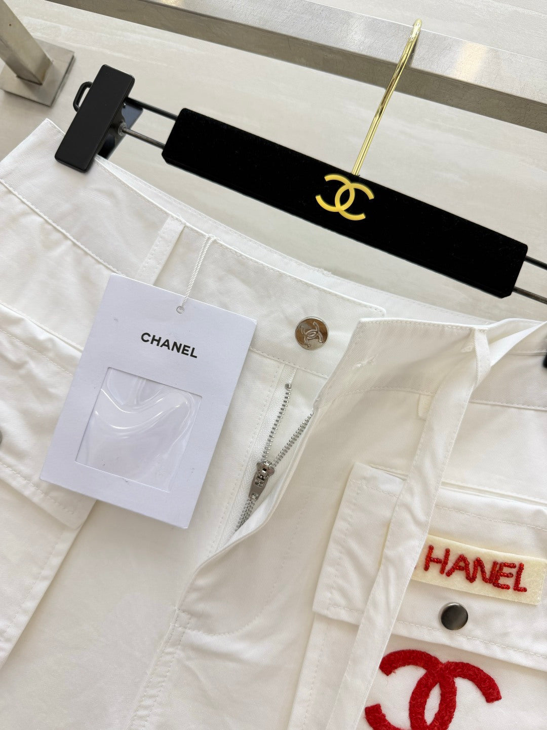Chanel 2026 Cargo Shorts White Red Cotton 414225