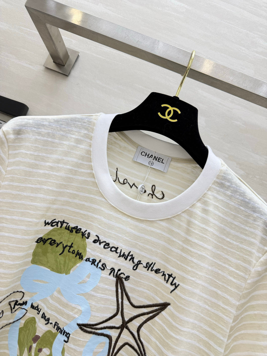Chanel 2026 Striped Print Short-Sleeve T-Shirt Cream Blue Green Cotton