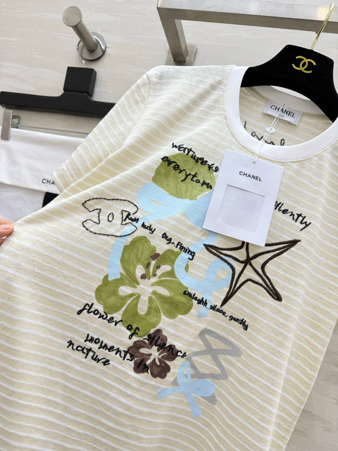 Chanel 2026 Striped Print Short-Sleeve T-Shirt Cream Blue Green Cotton