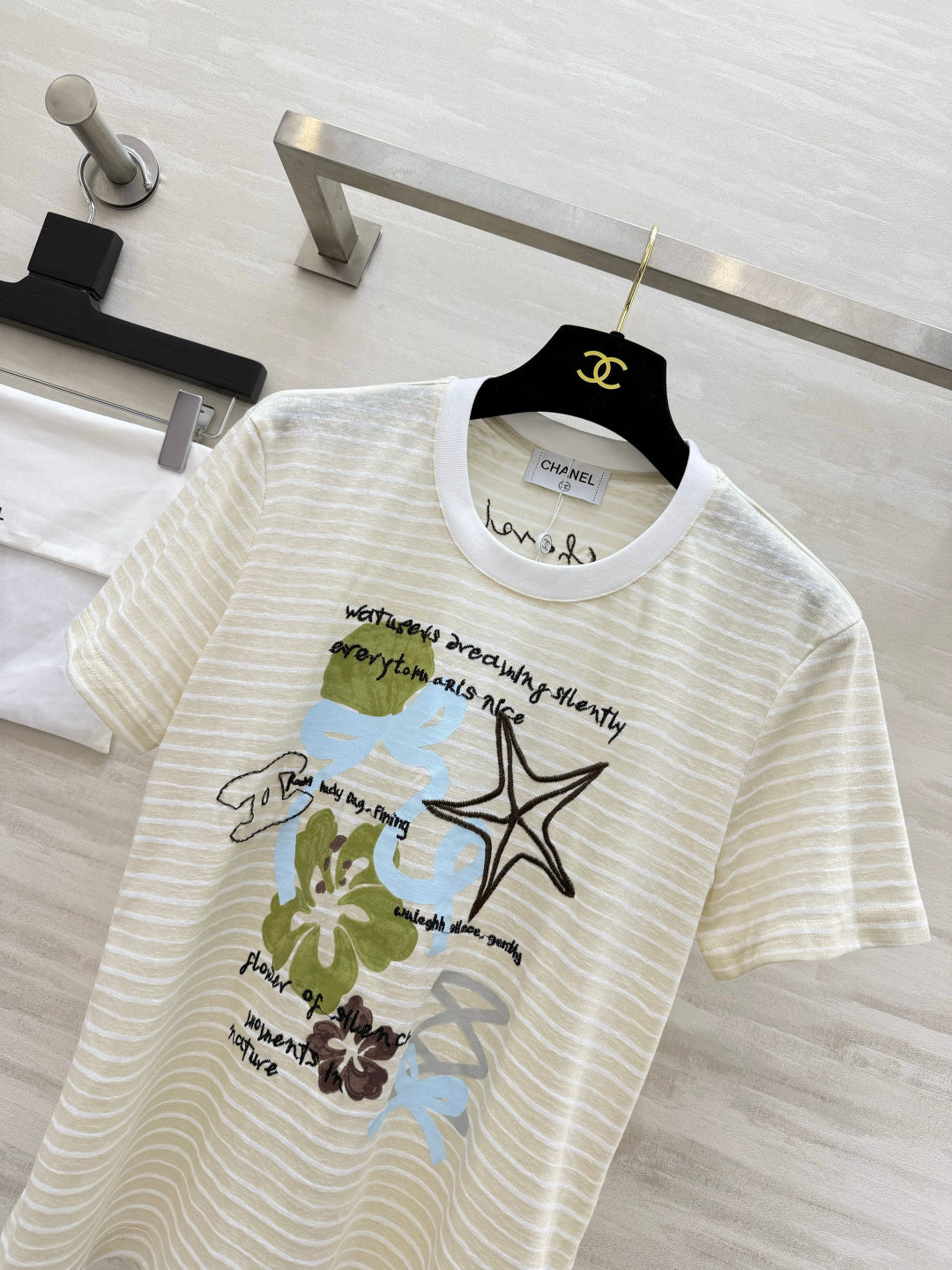 Chanel 2026 Striped Print Short-Sleeve T-Shirt Cream Blue Green Cotton