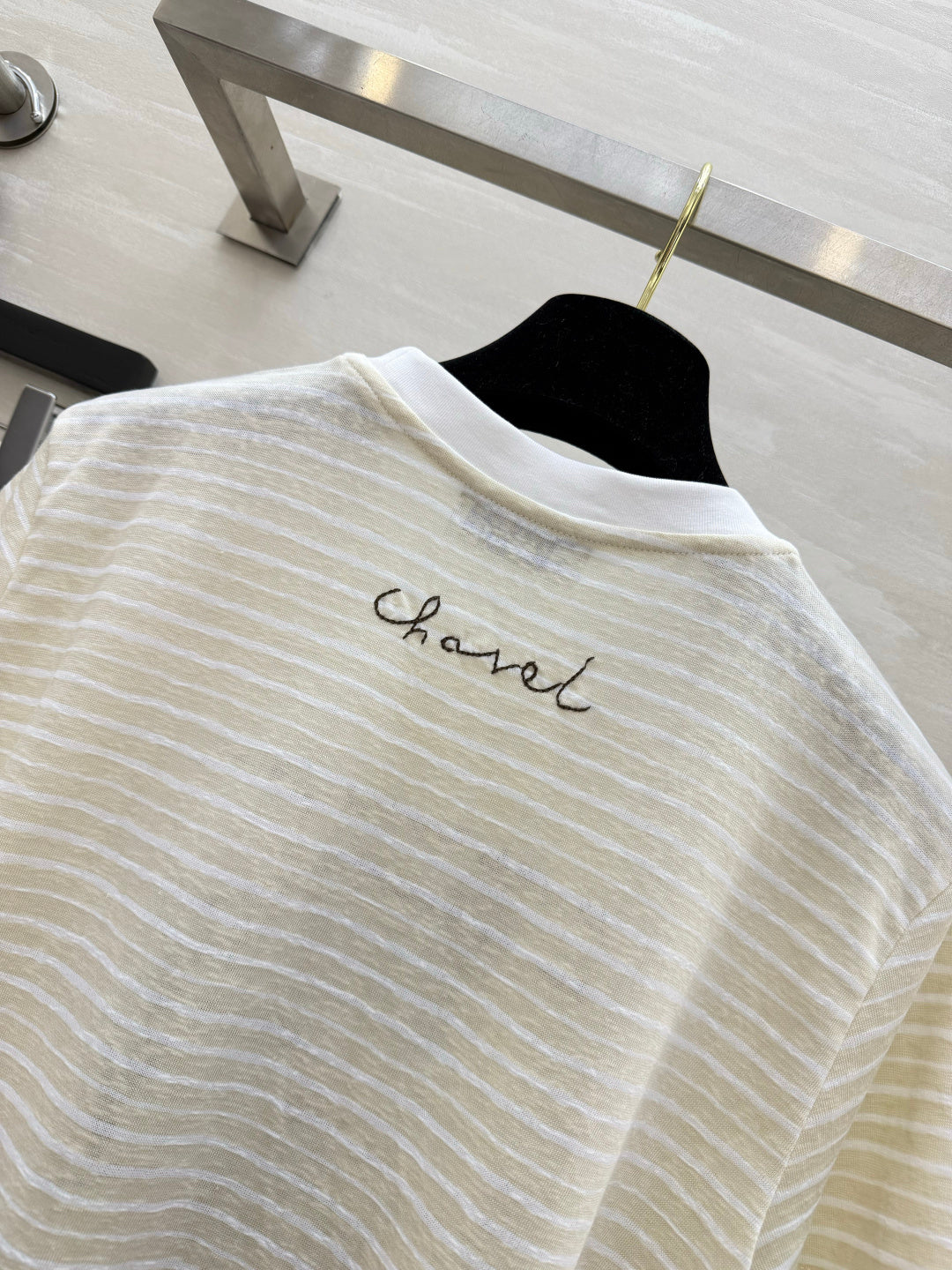 Chanel 2026 Striped Print Short-Sleeve T-Shirt Cream Blue Green Cotton