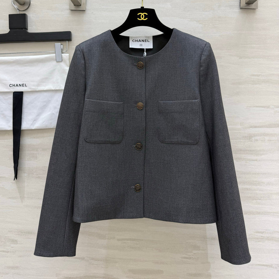 Chanel 2026 Crew Neck Short Jacket Dark Grey Fabric 422128