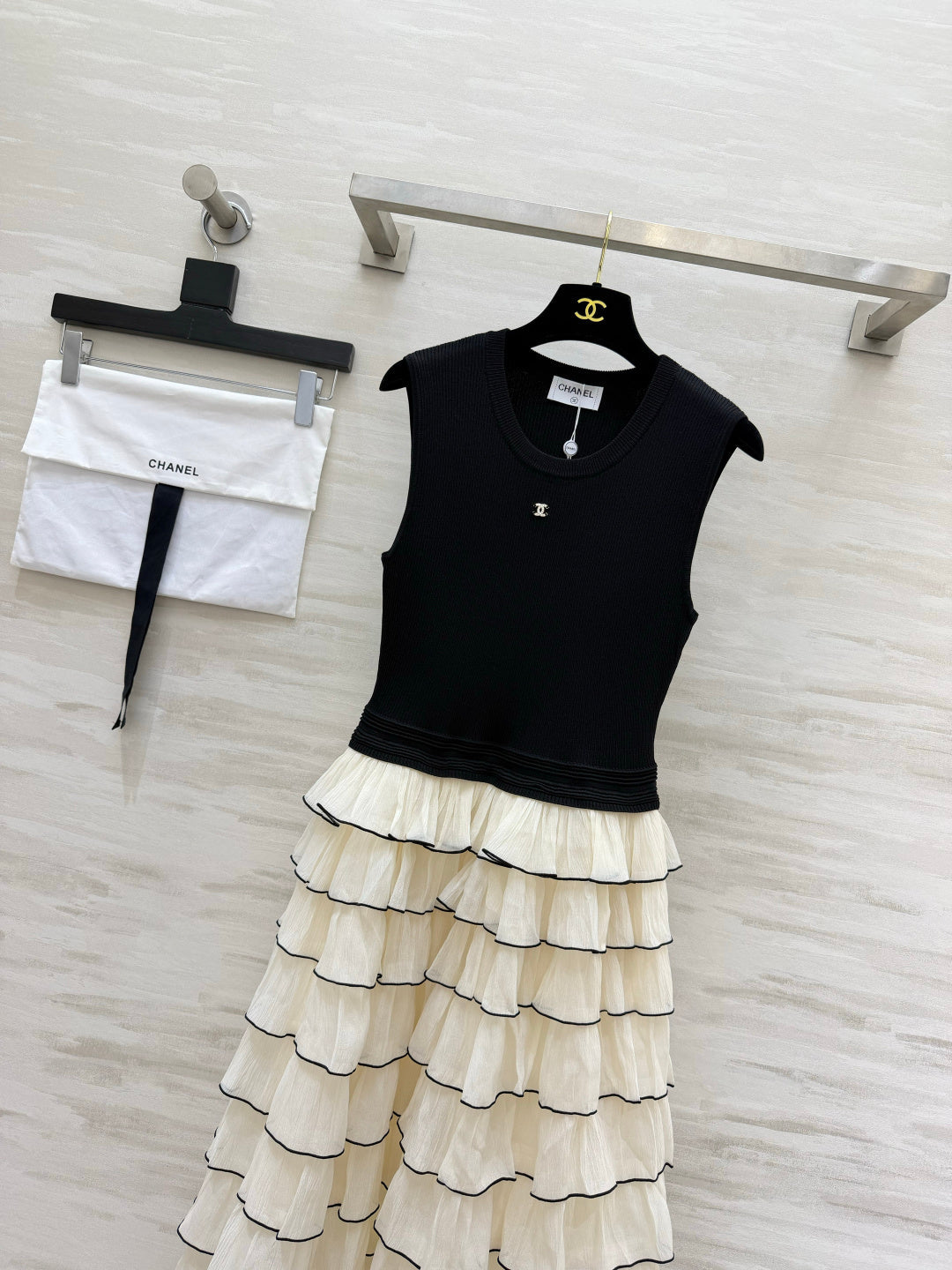 Chanel 2026 Patchwork Dress Black Mix Cream Cotton 422123