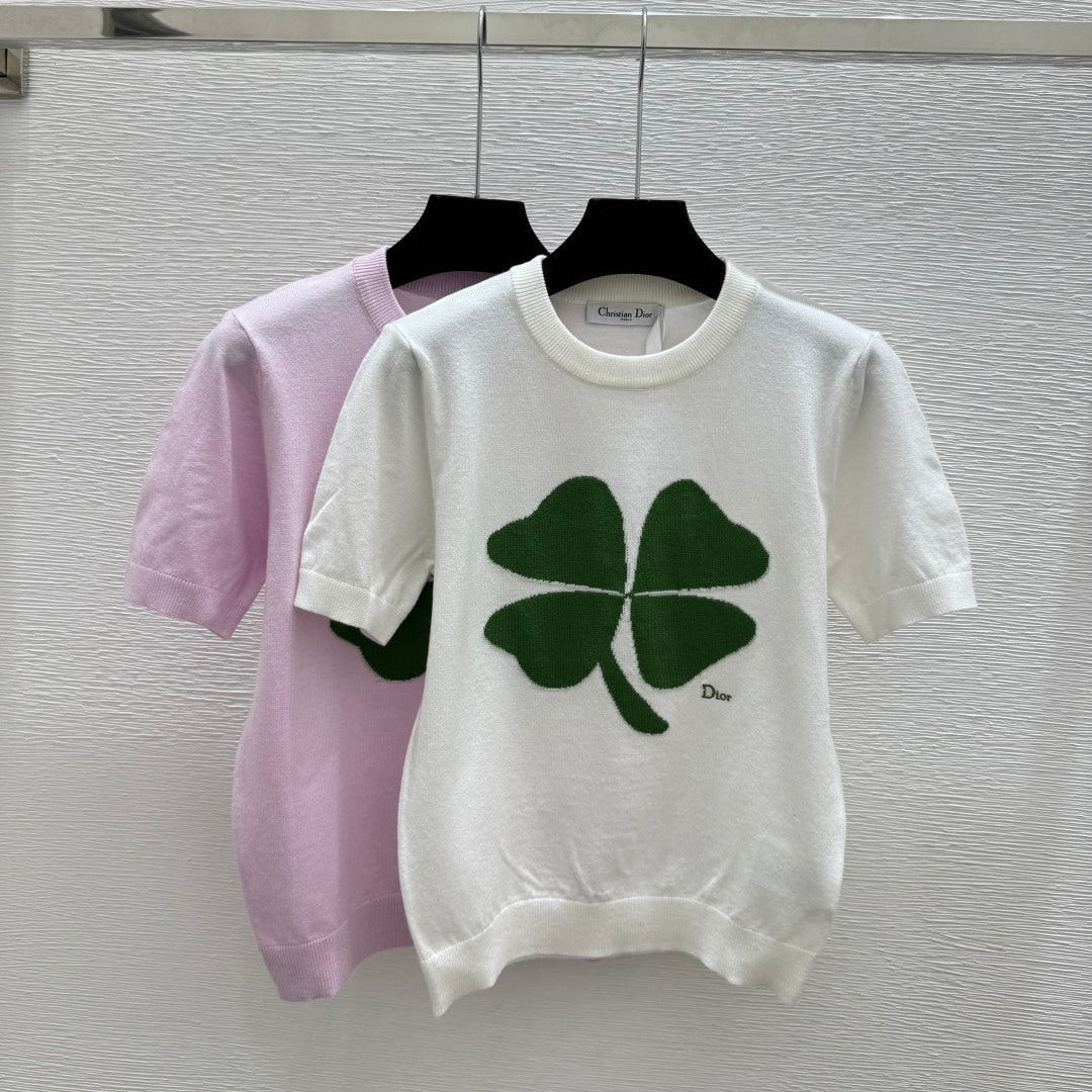 Dior 2026 Clover Embroidery T-shirt White and Pink Wool