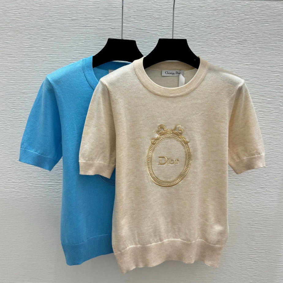Dior 2026 Embroidered Logo Short-Sleeve Knit Top Blue and Beige Wool 374945