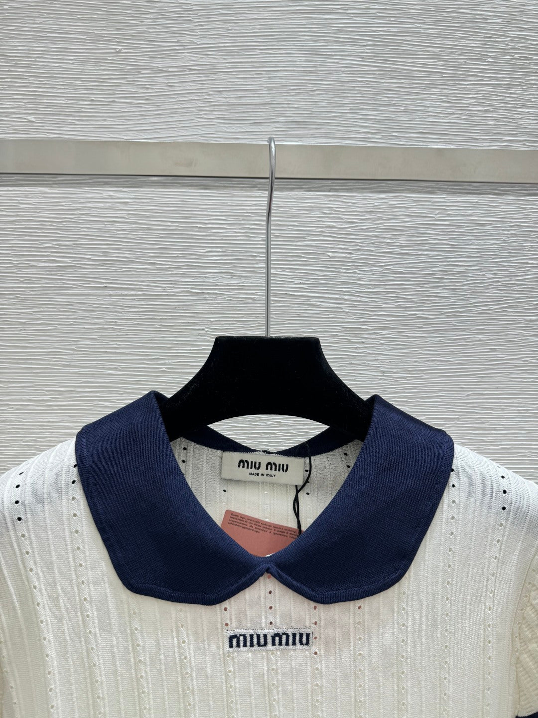 Miumiu 2026 Peter Pan Collar Openwork Knit Short-sleeved Top 220548