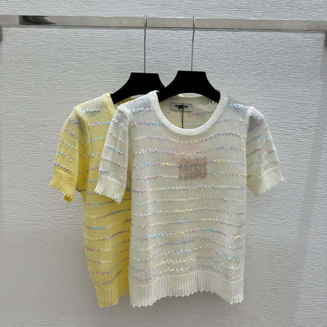 Miumiu 2026 Colorful Striped Knit Short-sleeved Top Wool Polyester 397172