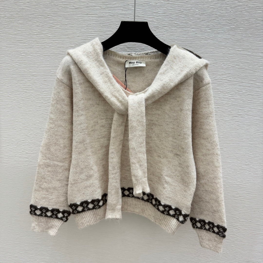 Miumiu 2026 Bow Shawl V-Neck Knitted Sweater Beige Black Wool 244642