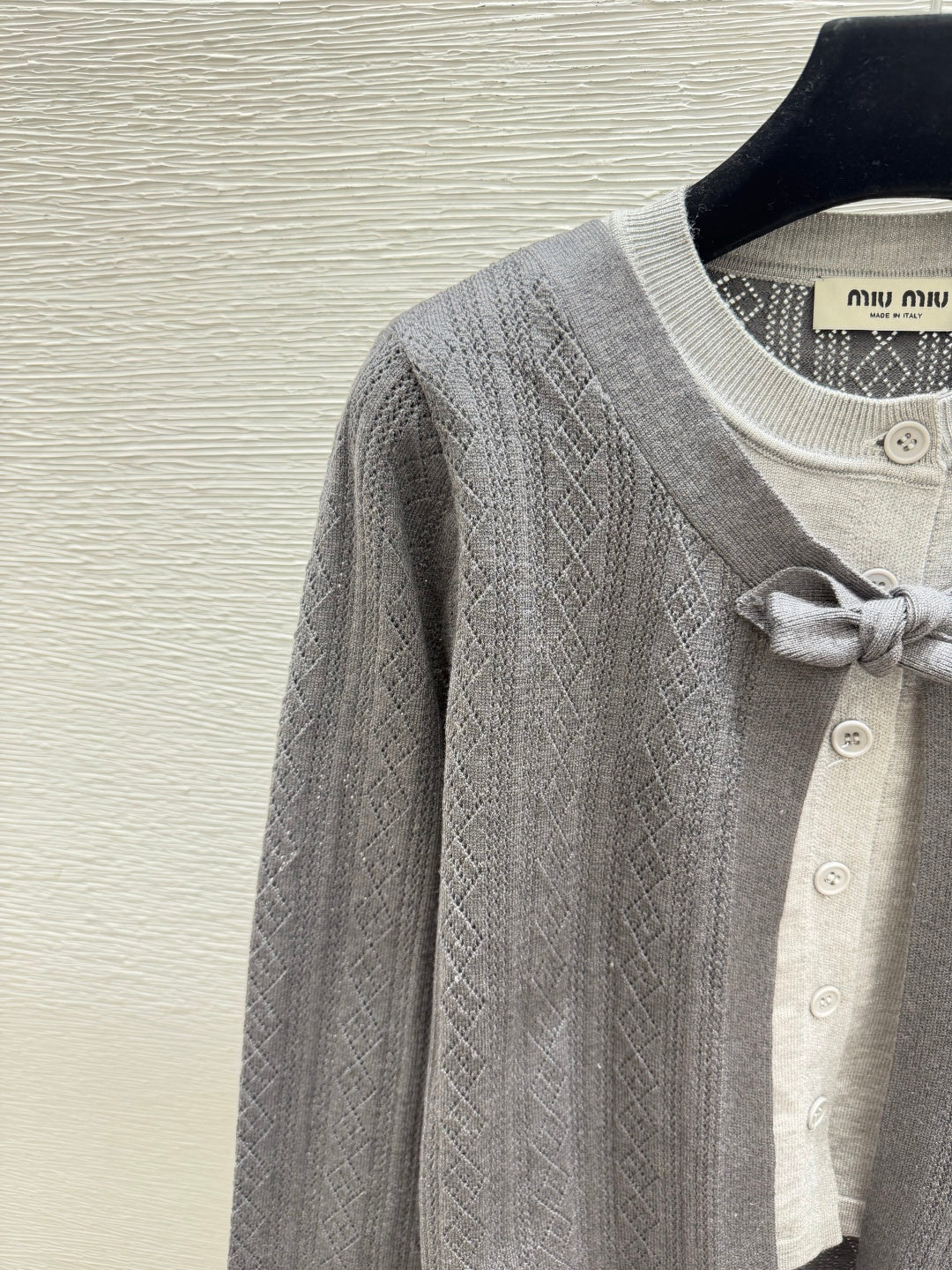 Miumiu 2026 Two-Piece Crew Neck Knitted Long-Sleeve Cardigan Grey Wool 244674