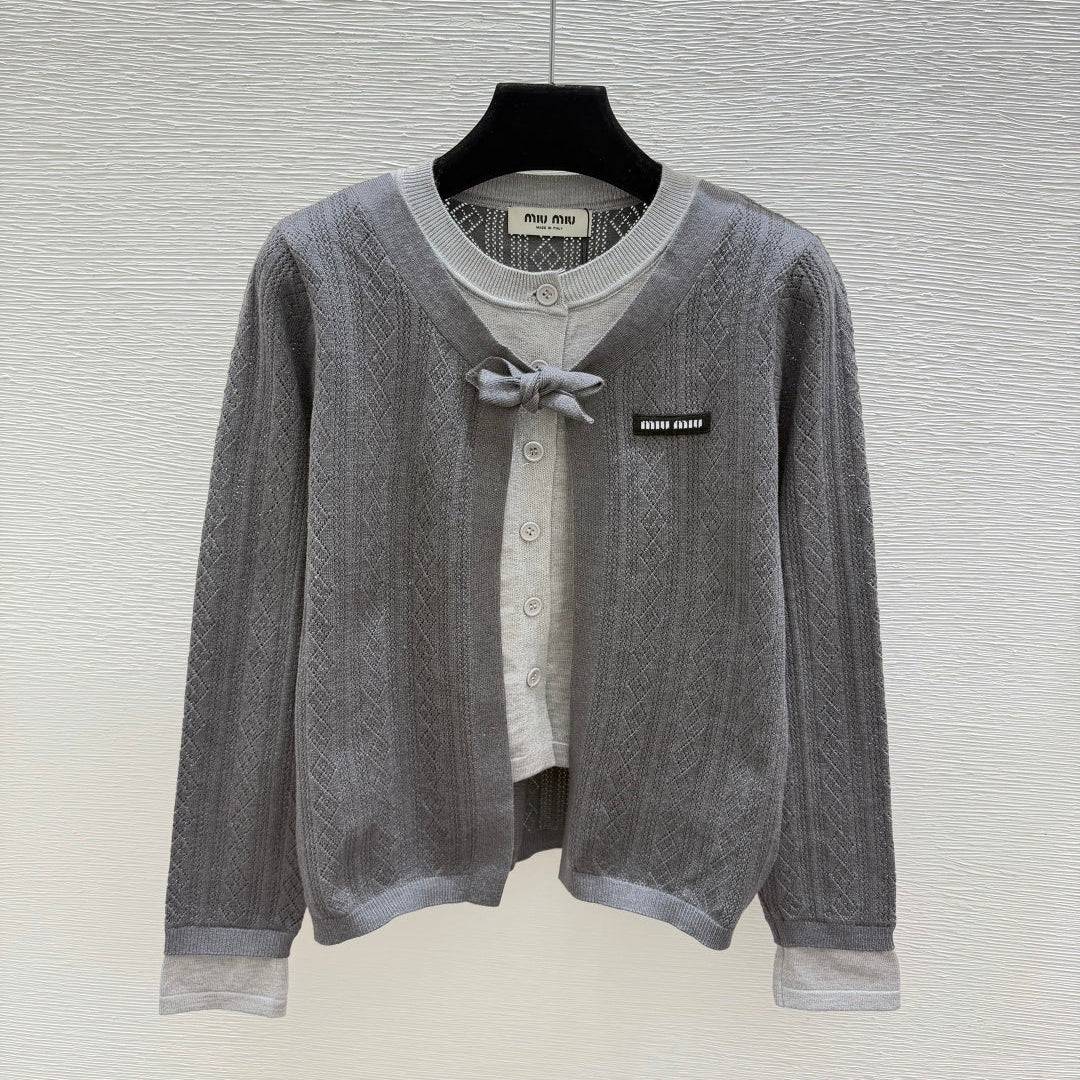 Miumiu 2026 Two-Piece Crew Neck Knitted Long-Sleeve Cardigan Grey Wool 244674