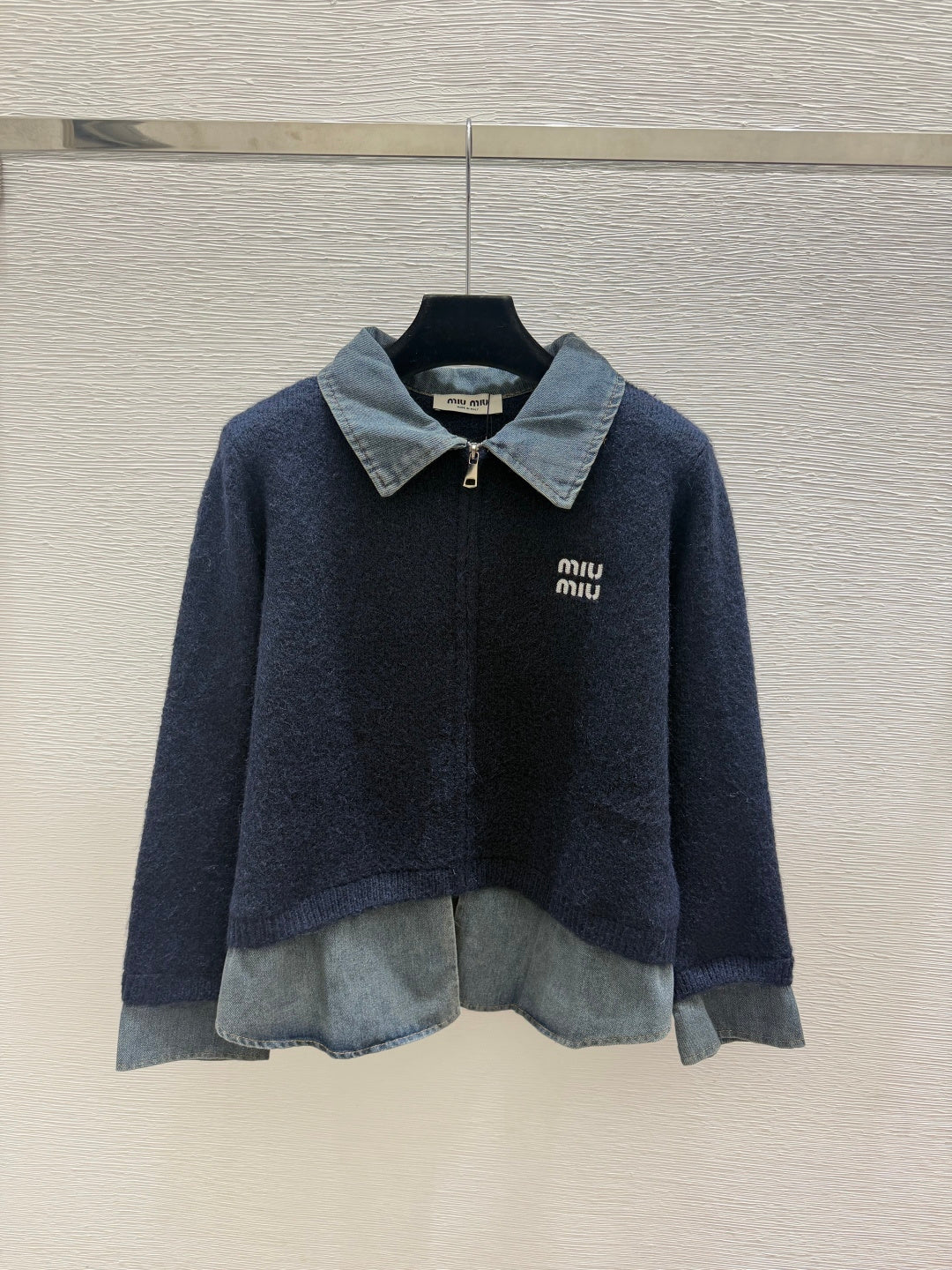 Miumiu 2026 Collared Knitted Long-Sleeve Cardigan Denim Wool 913512