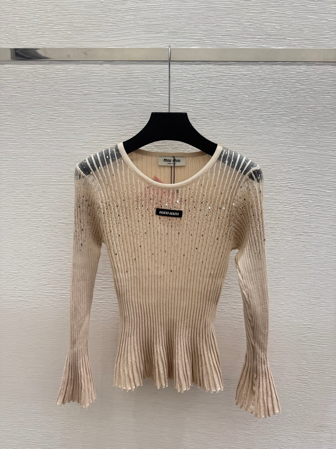 Miumiu 2026 Rhinestone Crew Neck Knitted Long Sleeve Wool 913396