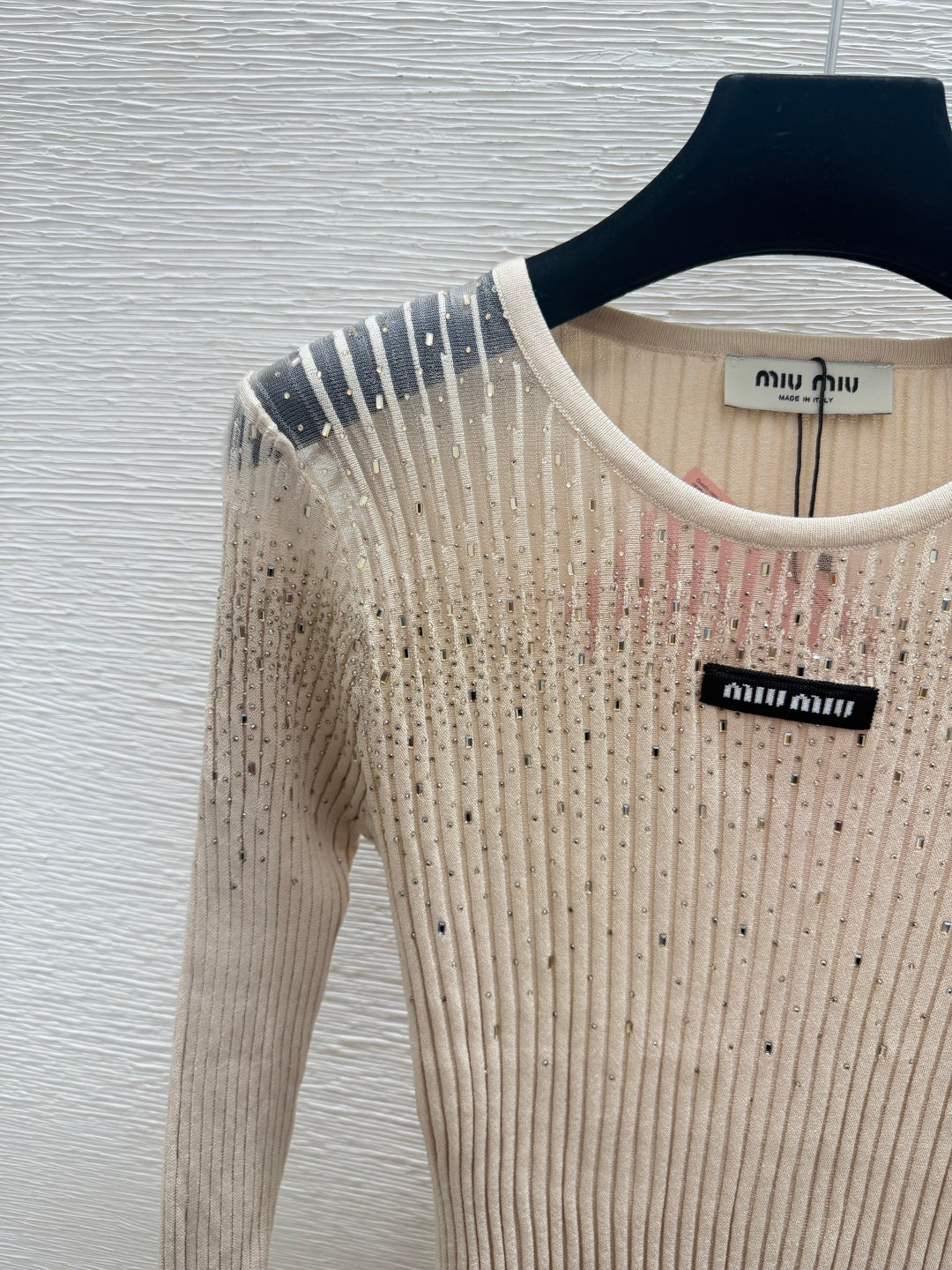 Miumiu 2026 Rhinestone Crew Neck Knitted Long Sleeve Wool 913396