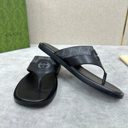 GG Men's Thong Sandals Black Canvas Cowhide 542951