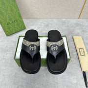 GG Men's Thong Sandals Black Brown Canvas Cowhide 542952