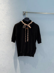 LV 25 Lace Stand-Up Collar Ribbon Short-Sleeved Shirt Black Wool Silk