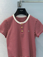 Celine 25 Striped Short-sleeved T-shirt Red White mix Black cotton