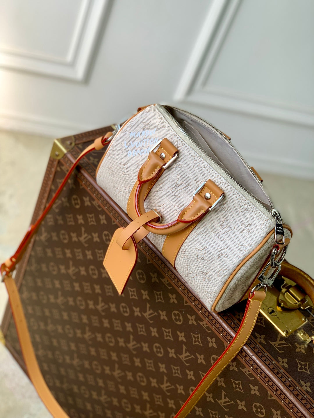 LV 2025 Keepall Bandoulière 25 Off-white mix Camel Canvas Leather 347090