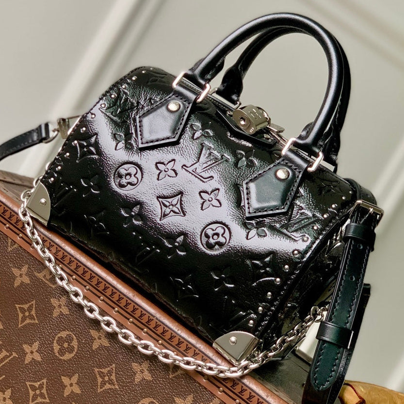 LV 2025 Speedy Trunk 20 Bag Black Silver Patent Leather 347370