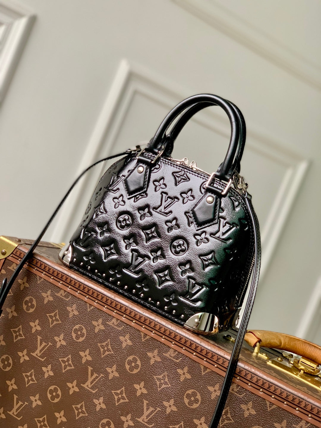 LV 2025 Alma BB Bag 22cm Black Silver Patent Leather 347371
