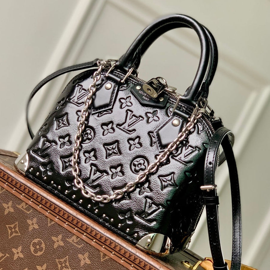 LV 2025 Alma BB Bag 22cm Black Silver Patent Leather 347371