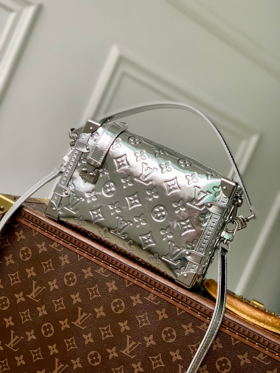 LV 2025 Side Trunk MM Bag Silver Calfskin 347376