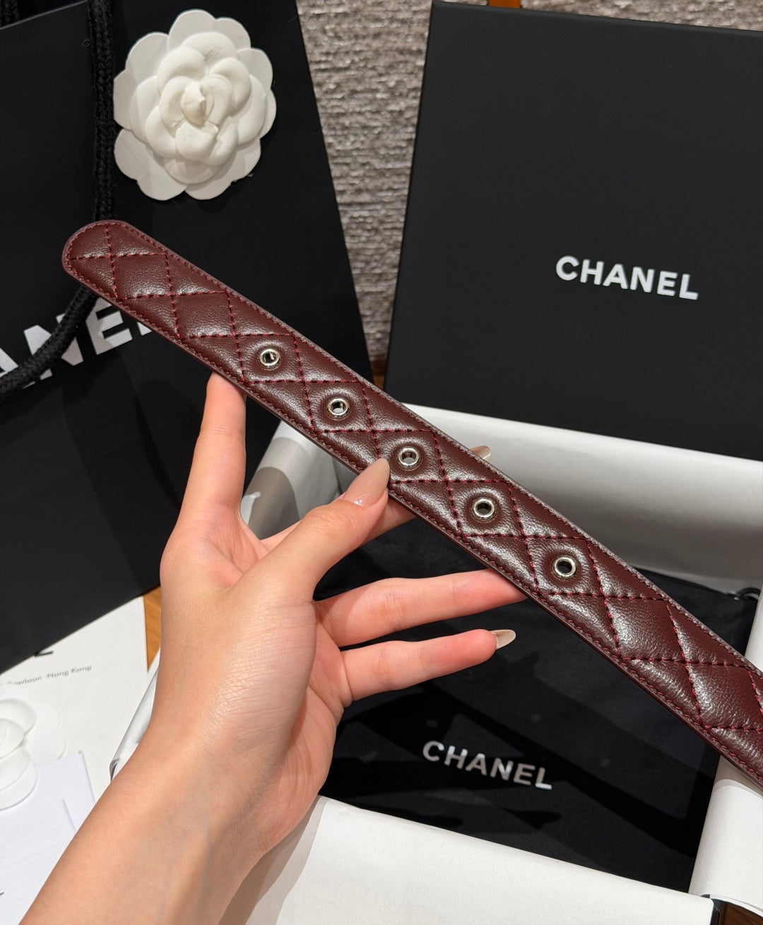 Chanel 2026 Interlocking CC Quilted Belt Burgundy