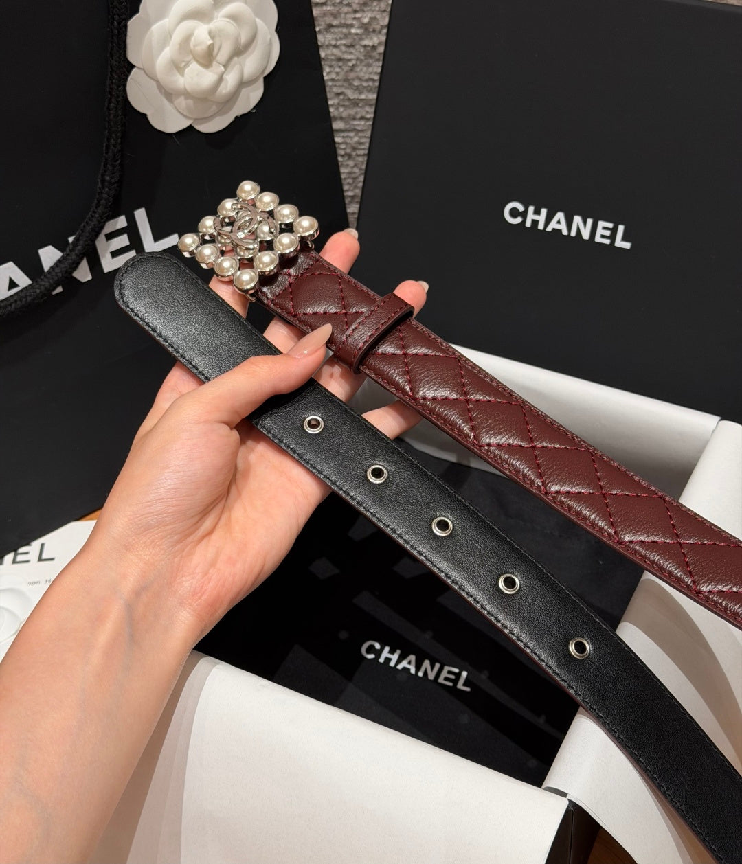 Chanel 2026 Quilted CC Chain Belt Burgundy