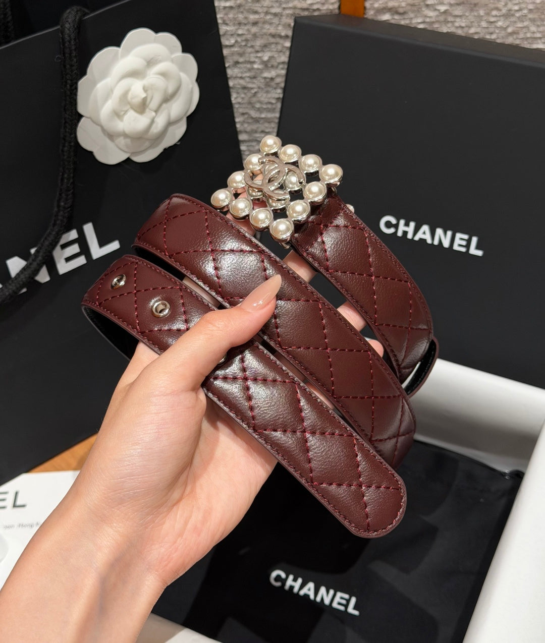 Chanel 2026 Quilted CC Chain Belt Burgundy